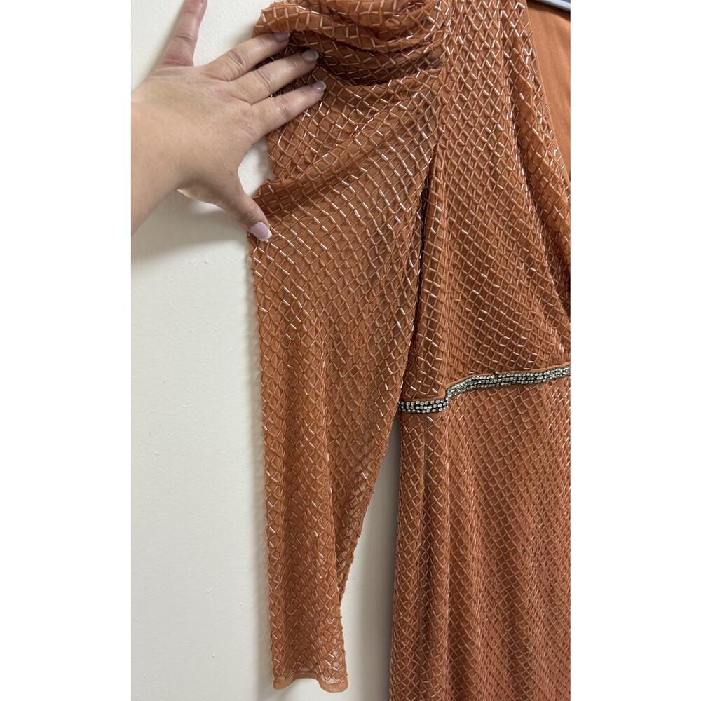 Mac Duggal 93674 Women’s Size 14 Copper Long‎ Sleeve Beaded Mesh Midi Dress NWT - Picture 13 of 15